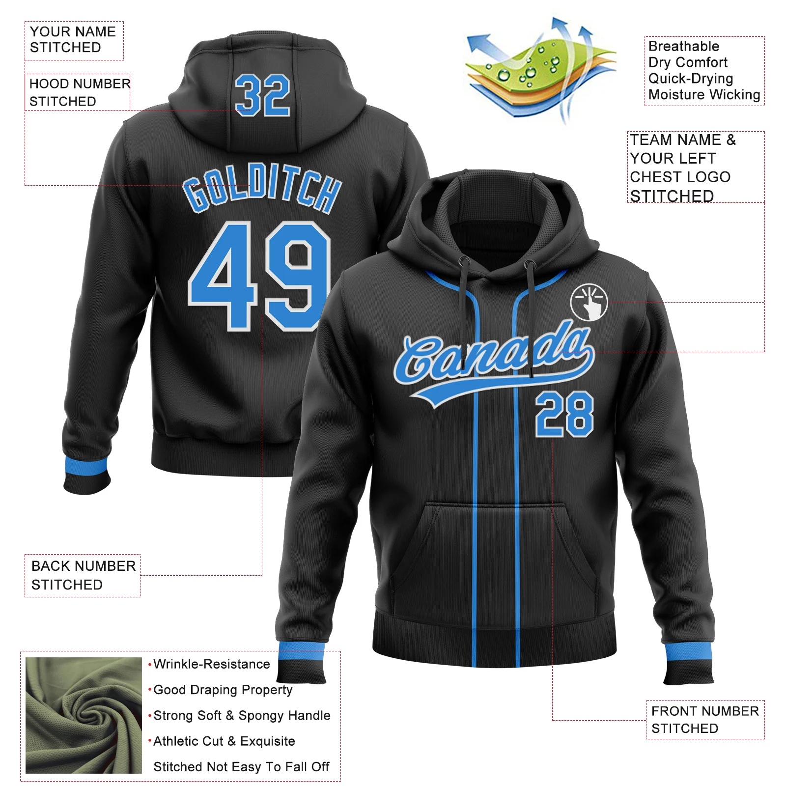 Custom Stitched Black Powder Blue-White Baseball Pullover Sweatshirt Hoodie - Image 2