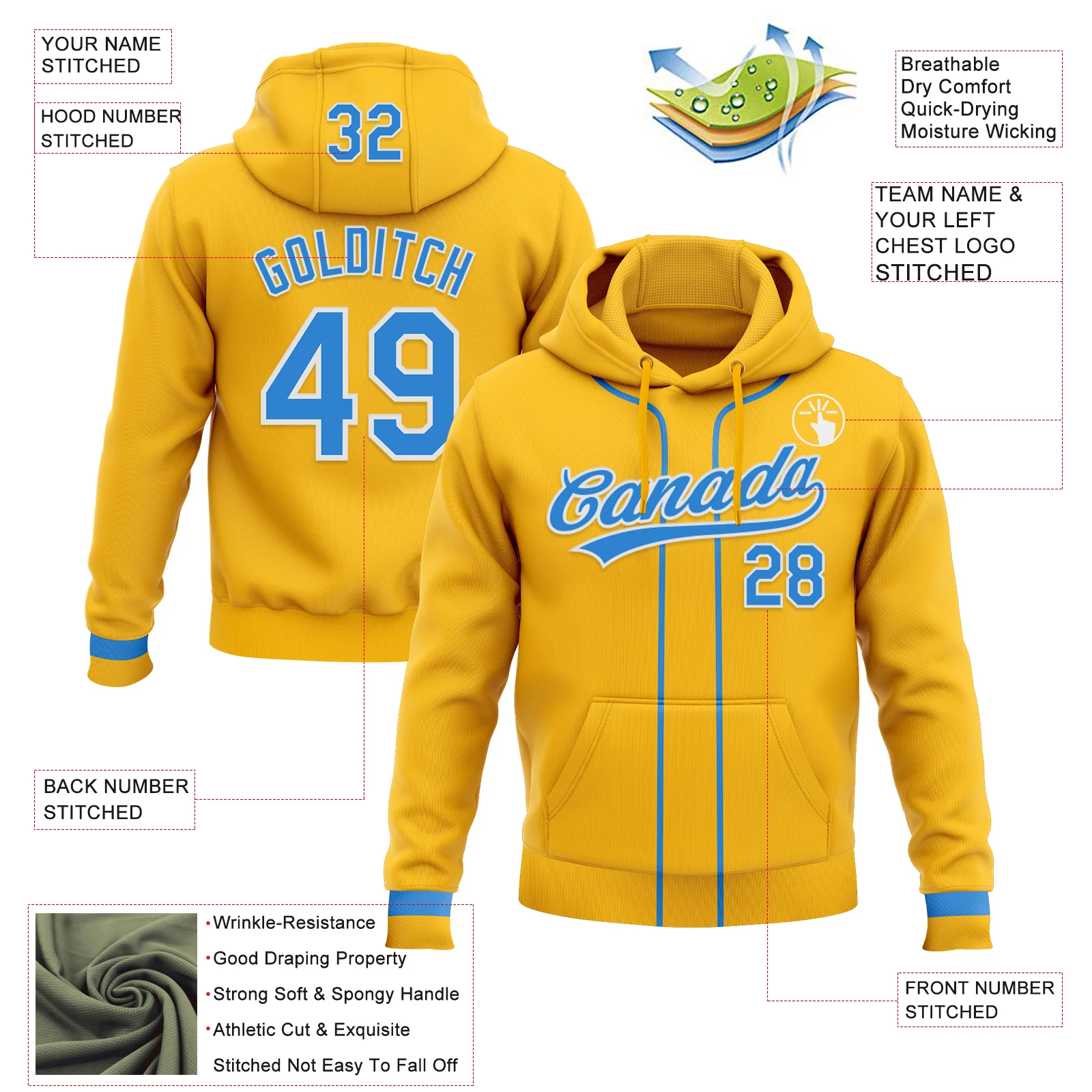 Custom Stitched Gold Powder Blue-White Baseball Pullover Sweatshirt Hoodie - Image 2
