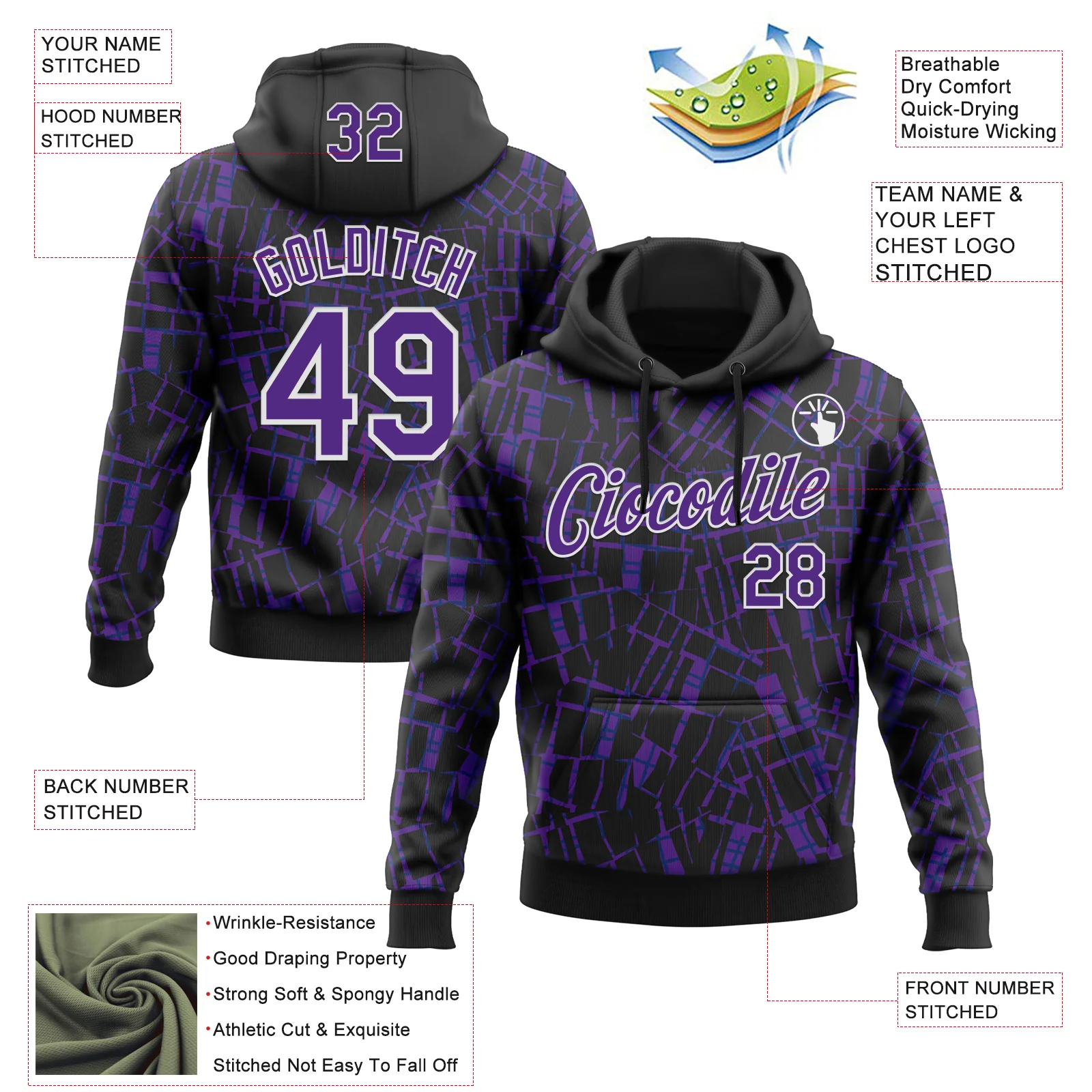 Custom Stitched Black Purple-White 3D Pattern Design Line Sports Pullover Sweatshirt Hoodie - Image 2