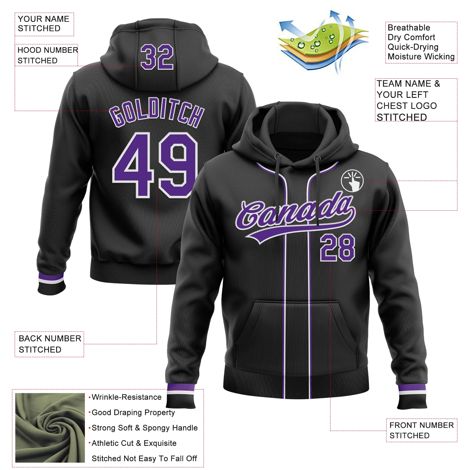 Custom Stitched Black Purple-White Baseball Pullover Sweatshirt Hoodie - Image 2