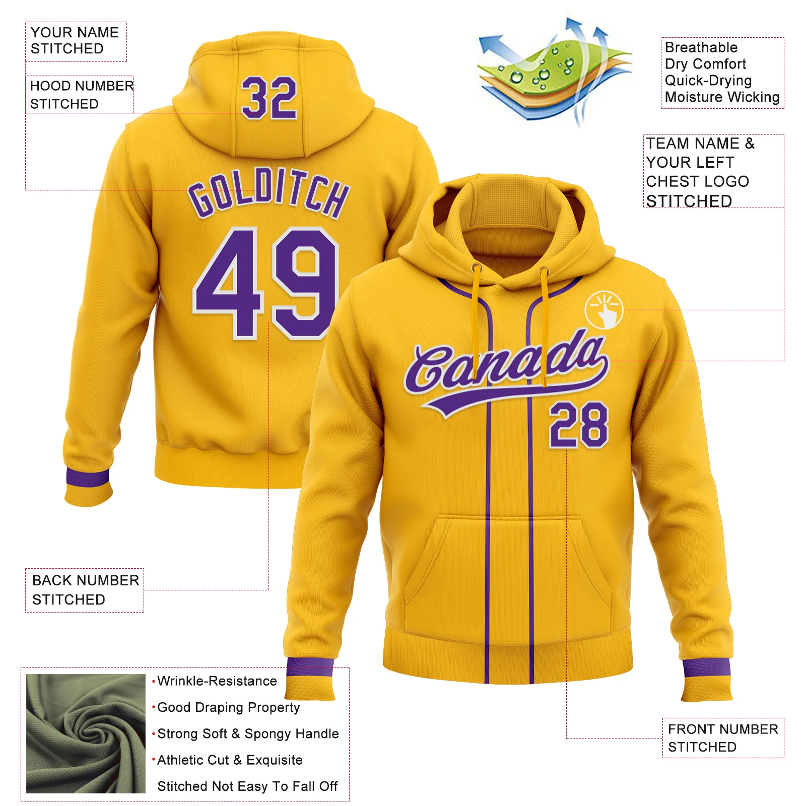 Custom Stitched Gold Purple-White Baseball Pullover Sweatshirt Hoodie - Image 2