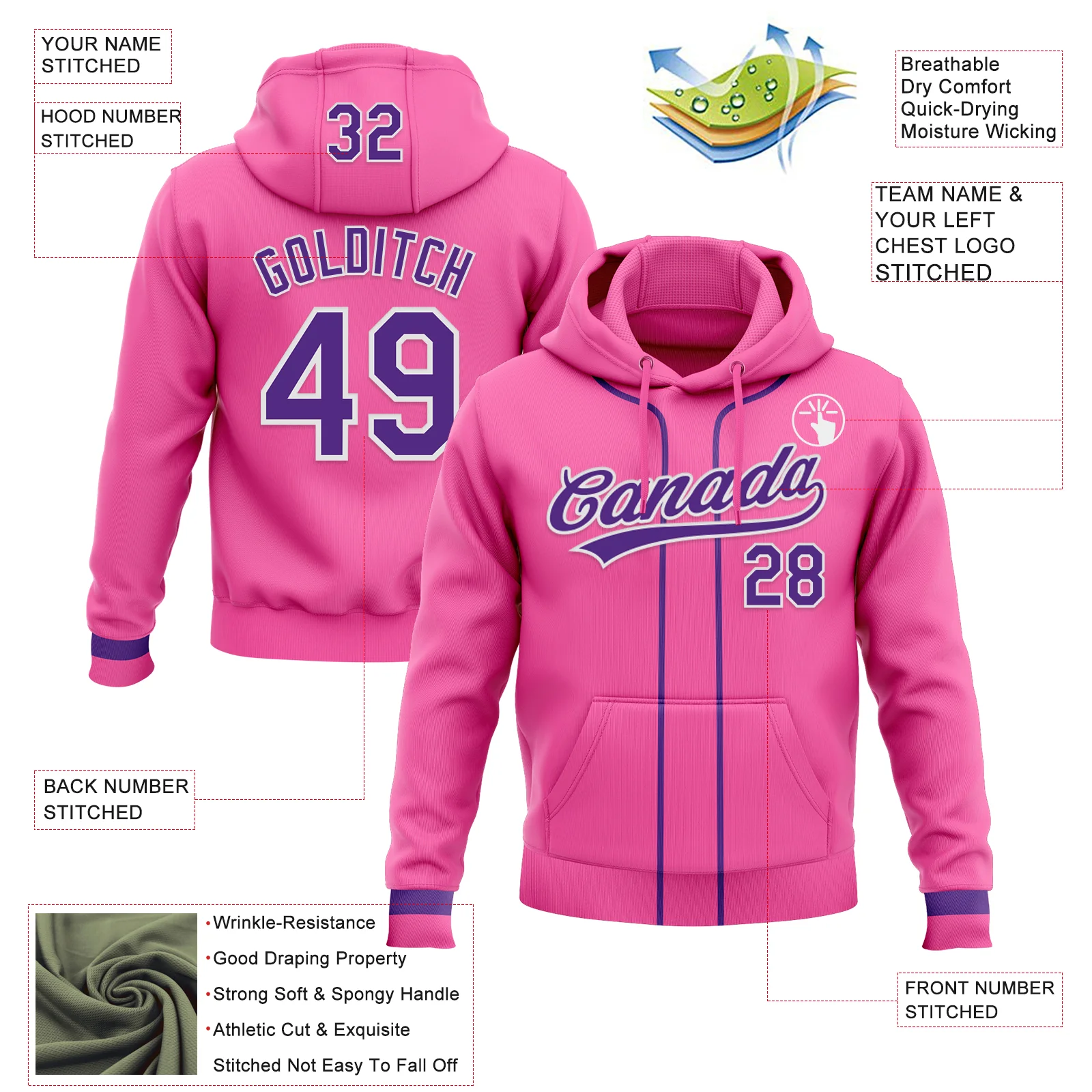 Custom Stitched Pink Purple-White Baseball Pullover Sweatshirt Hoodie - Image 2
