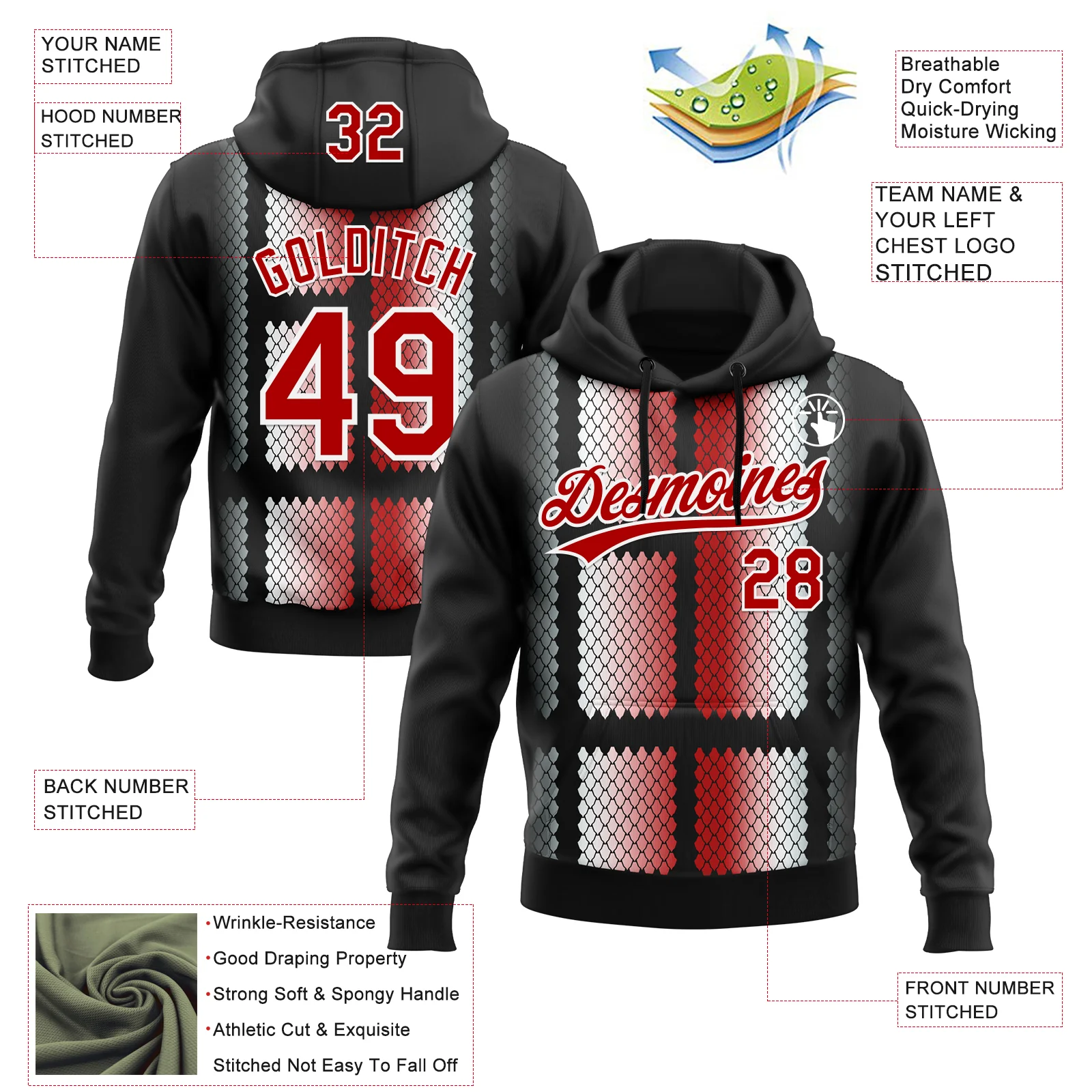 Custom Stitched Black Red-White 3D Pattern Design Geometrico Graph Sports Pullover Sweatshirt Hoodie - Image 2