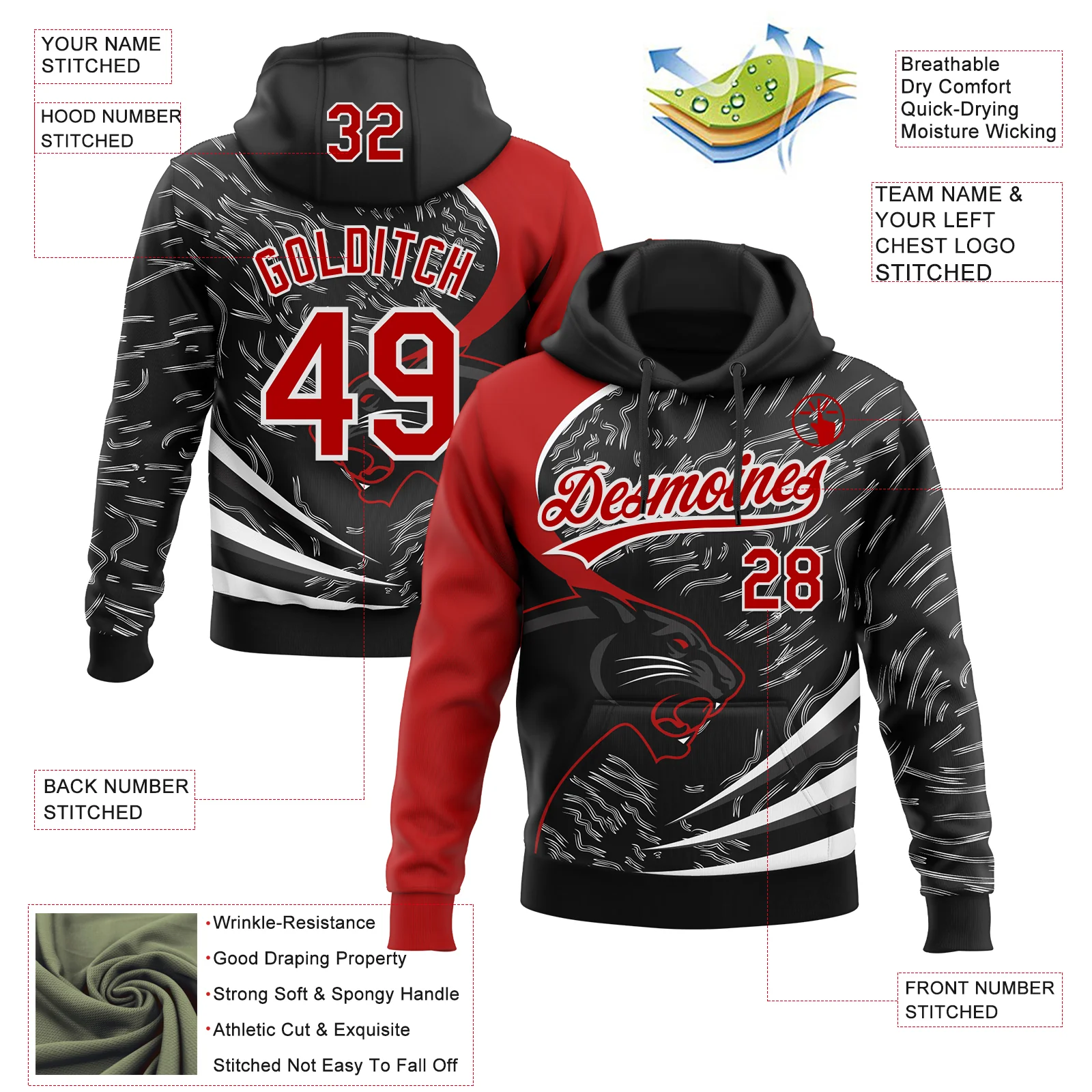 Custom Stitched Black Red-White 3D Pattern Design Leopardo Sports Pullover Sweatshirt Hoodie - Image 2