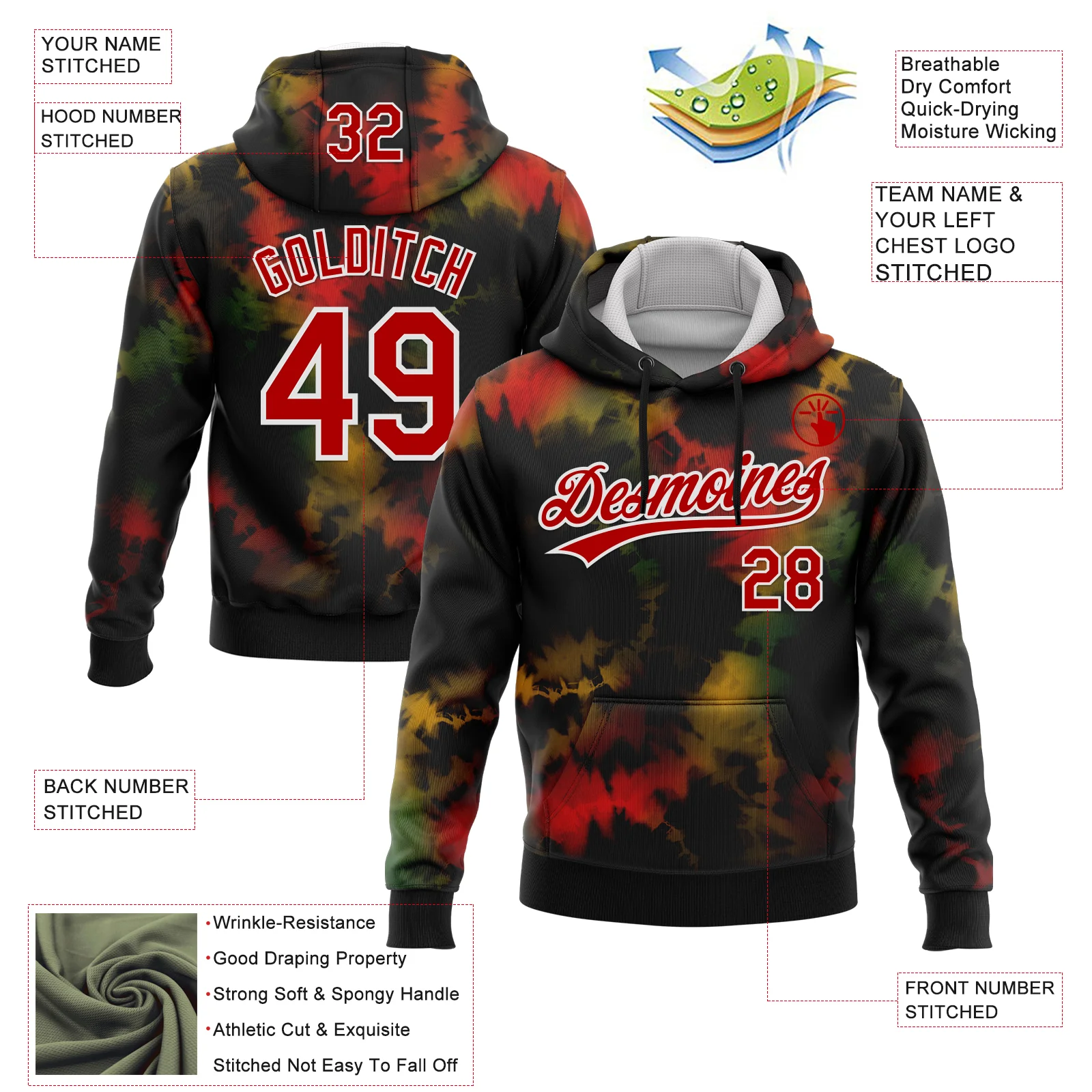 Custom Stitched Tie Dye Red-White 3D Sports Pullover Sweatshirt Hoodie - Image 2