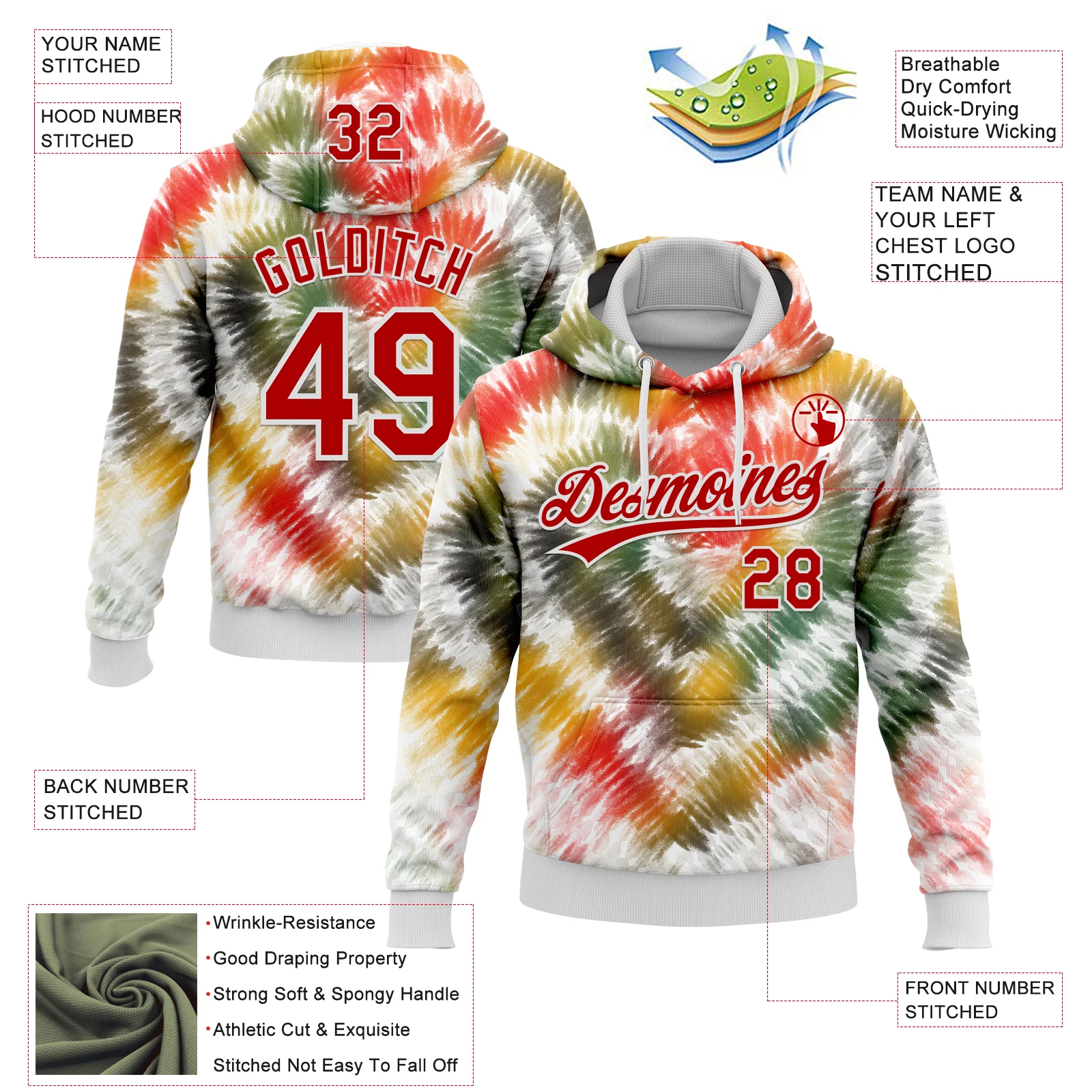 Custom Stitched Tie Dye Red-White 3D Sports Pullover Sweatshirt Hoodie - Image 2