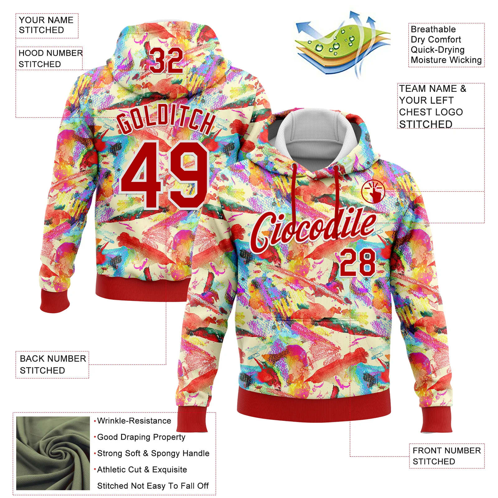 Custom Stitched Graffiti Pattern Red-White 3D Watercolor Grunge Art Sports Pullover Sweatshirt Hoodie - Image 2