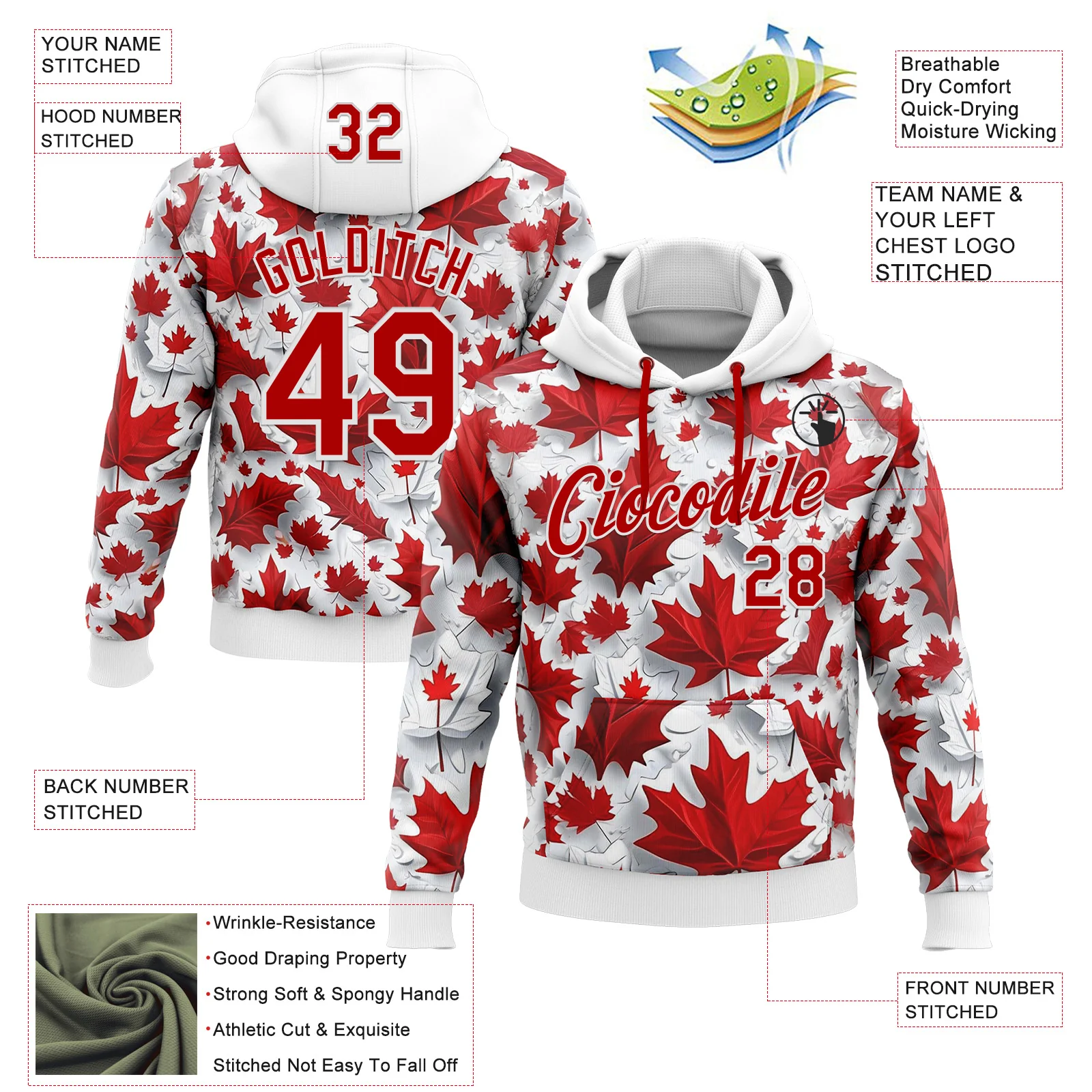 Custom Stitched White Red 3D Pattern Design Canada Maple Sportswear Pullover Sweatshirt Hoodie - Image 2