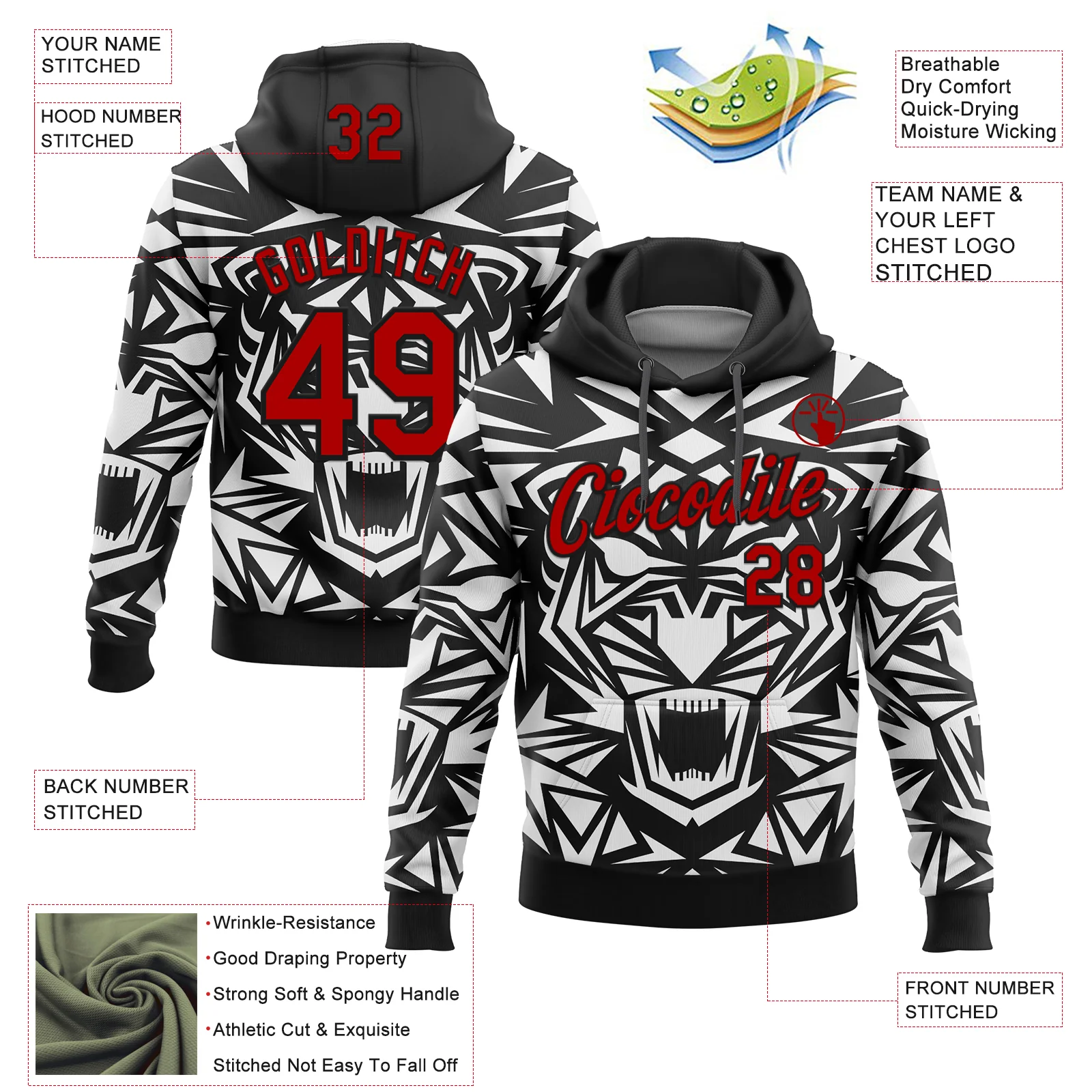 Custom Stitched Black Red-White 3D Pattern Design Geometric Shape Sports Pullover Sweatshirt Hoodie - Image 2