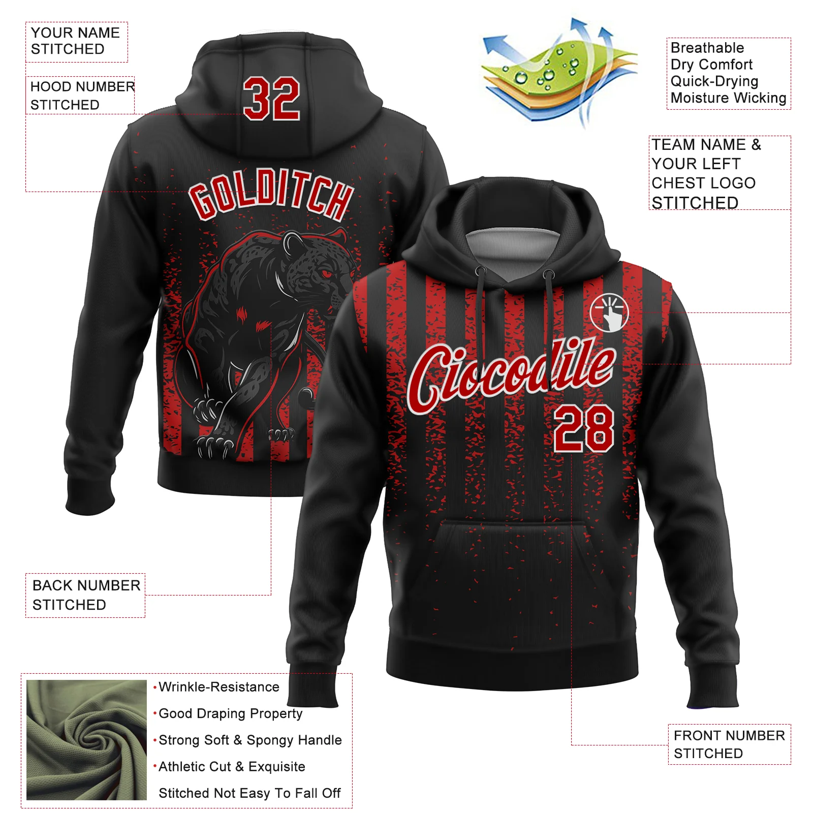 Custom Stitched Black Red-White 3D Pattern Design Animal Leopard Grunge Art Sports Pullover Sweatshirt Hoodie - Image 2