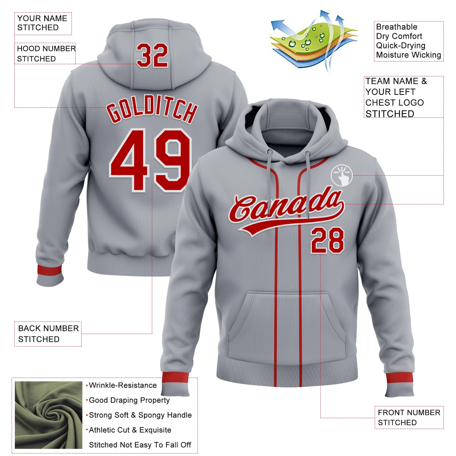 Custom Stitched Gray Red-White Baseball Pullover Sweatshirt Hoodie - Image 2