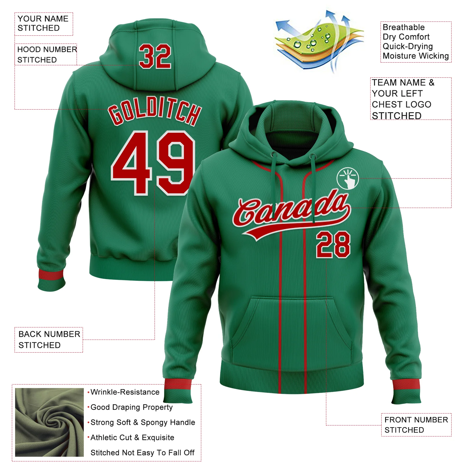 Custom Stitched Kelly Green Red-White Baseball Pullover Sweatshirt Hoodie - Image 2