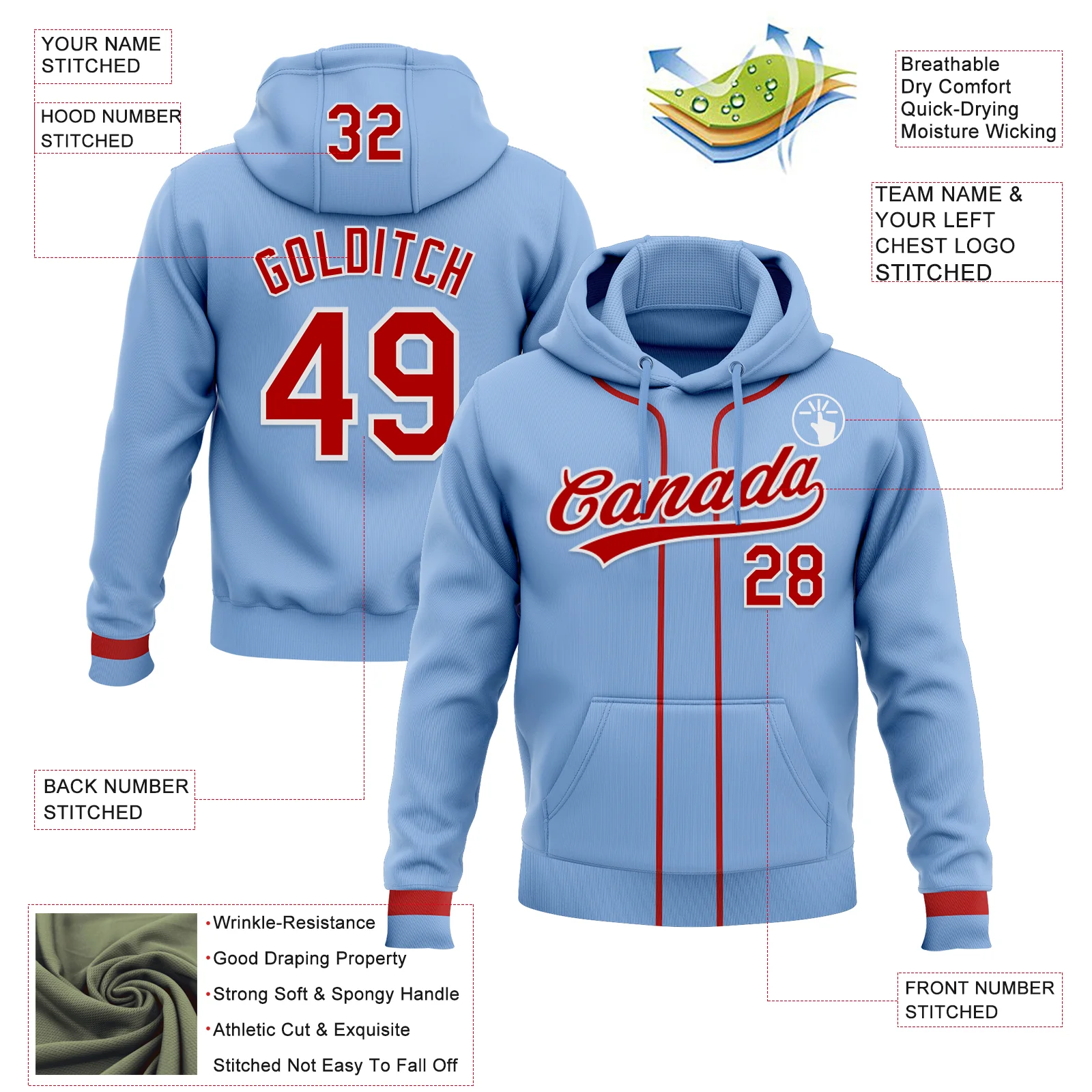 Custom Stitched Light Blue Red-White Baseball Pullover Sweatshirt Hoodie - Image 2