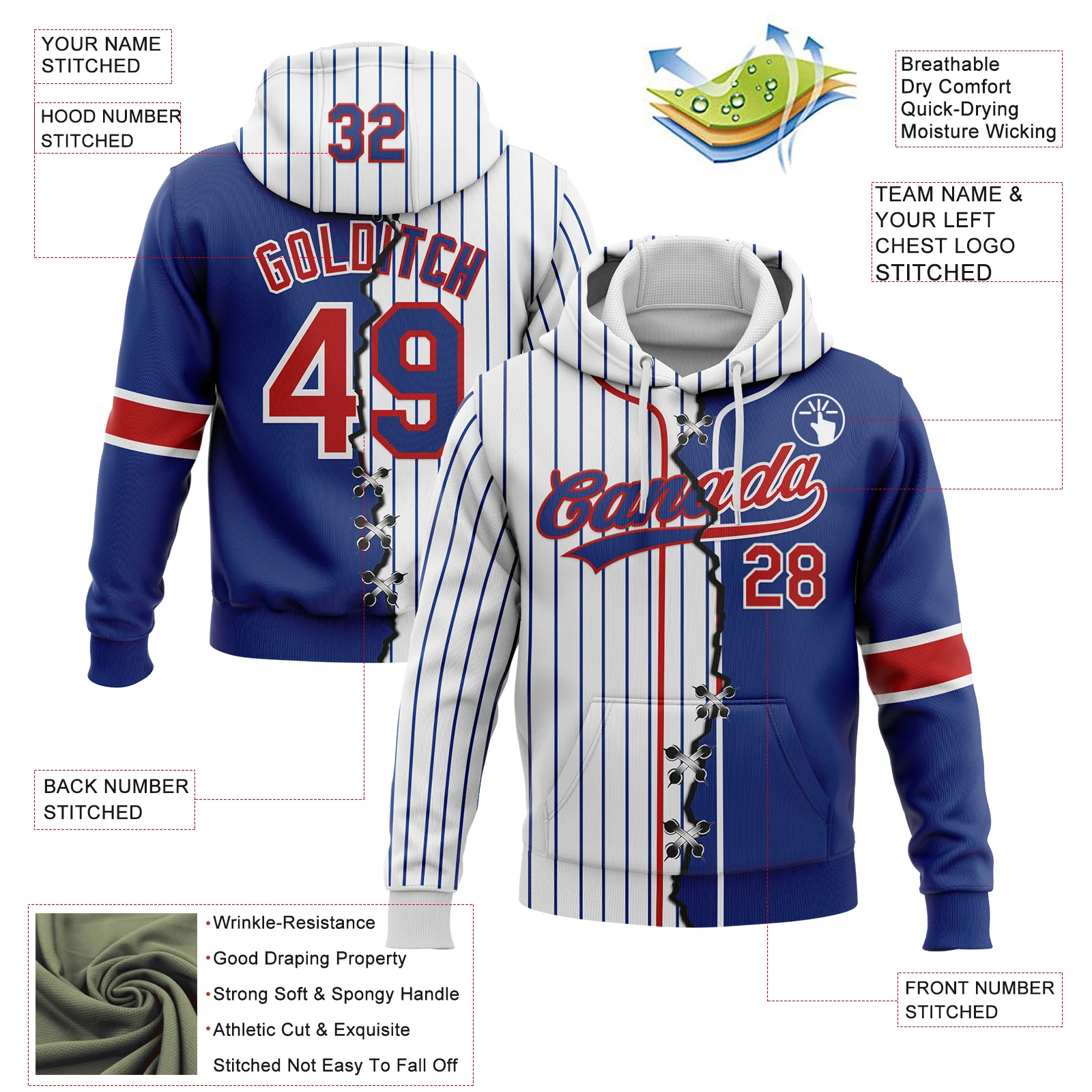 Custom Royal Red-White Pinstripe Split Ripped Pattern Baseball Pullover Sweatshirt Hoodie - Image 2