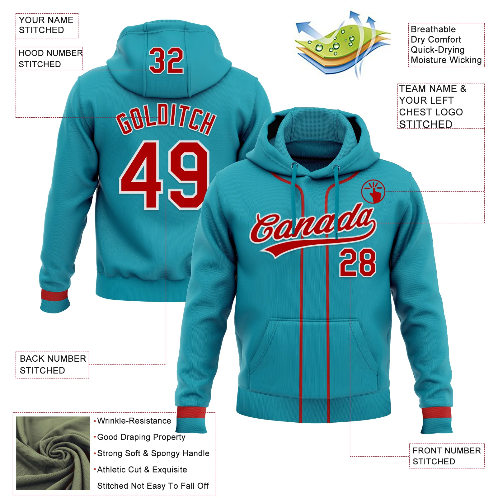 Custom Stitched Teal Red-White Baseball Pullover Sweatshirt Hoodie - Image 2