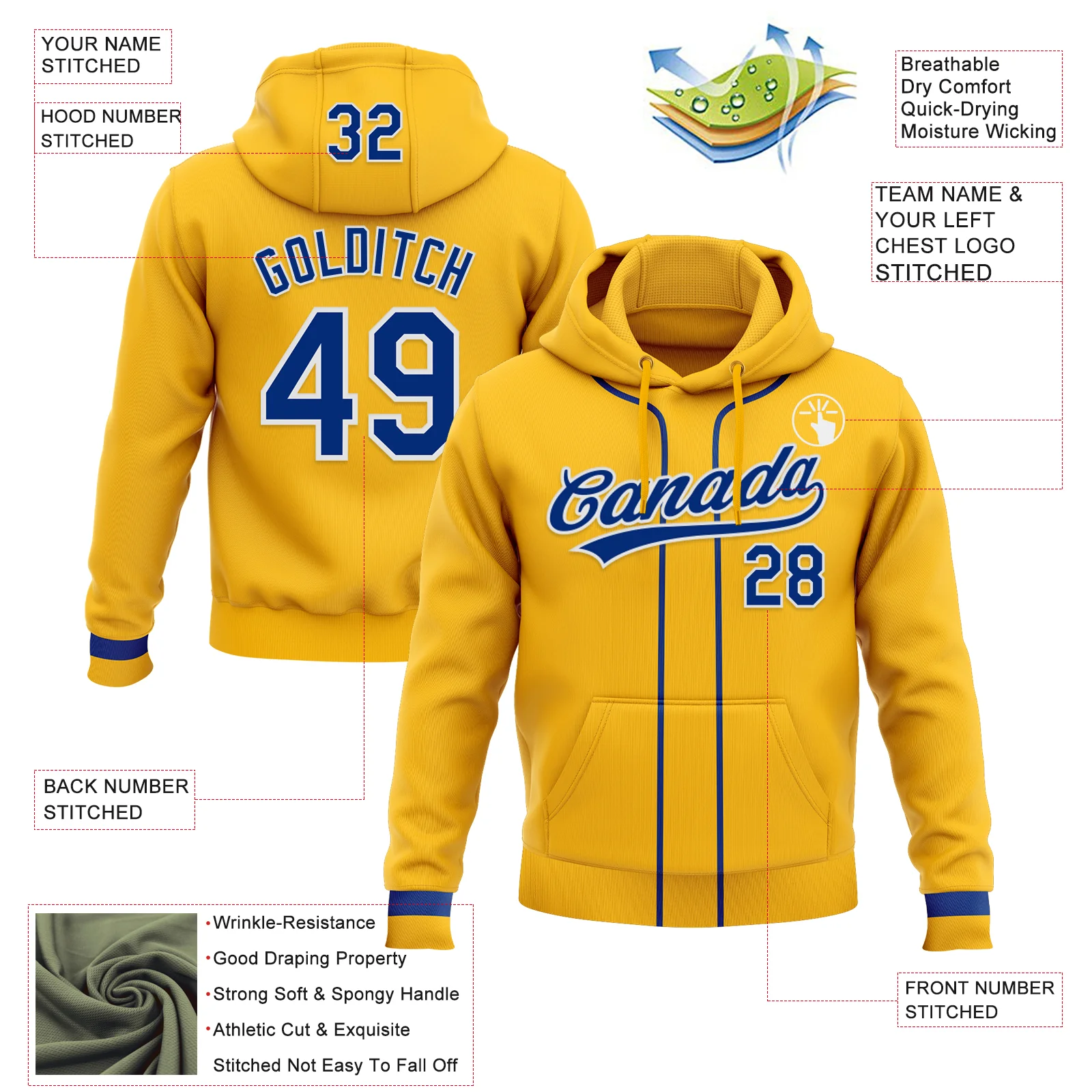 Custom Stitched Gold Royal-White Baseball Pullover Sweatshirt Hoodie - Image 2