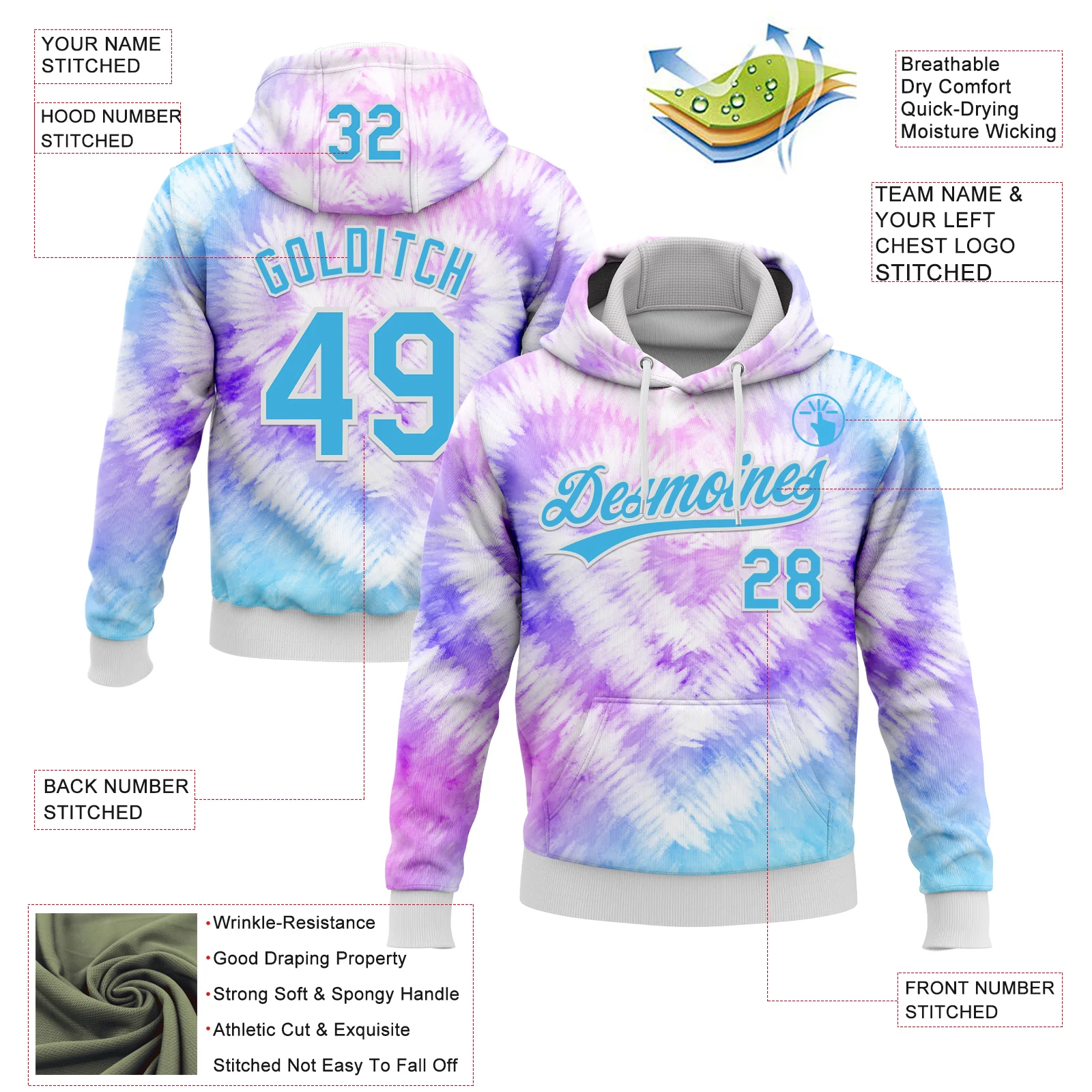 Custom Stitched Tie Dye Sky Blue-White 3D Sports Pullover Sweatshirt Hoodie - Image 2