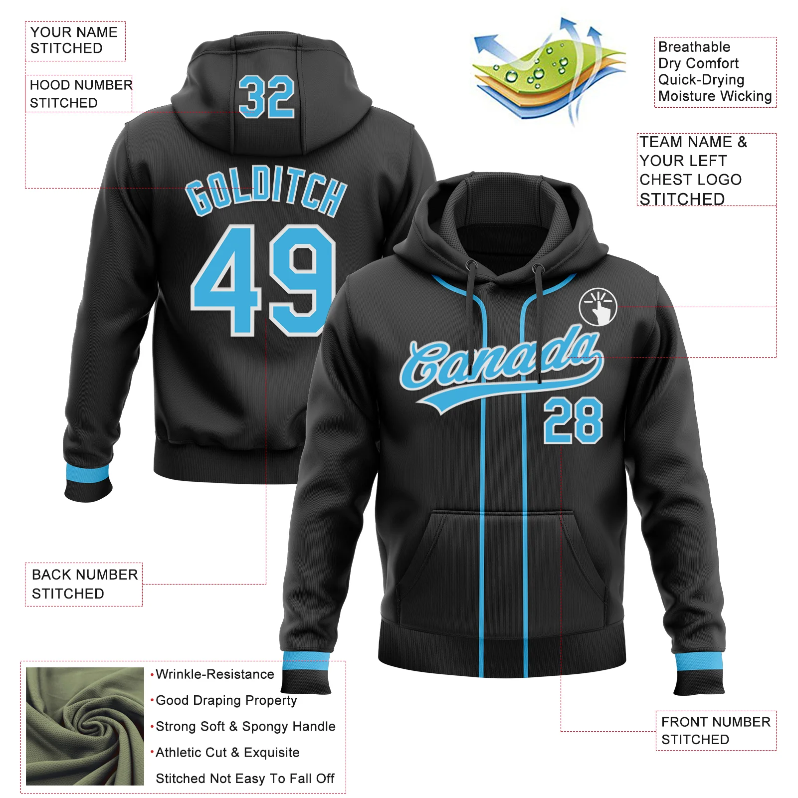 Custom Stitched Black Sky Blue-White Baseball Pullover Sweatshirt Hoodie - Image 2