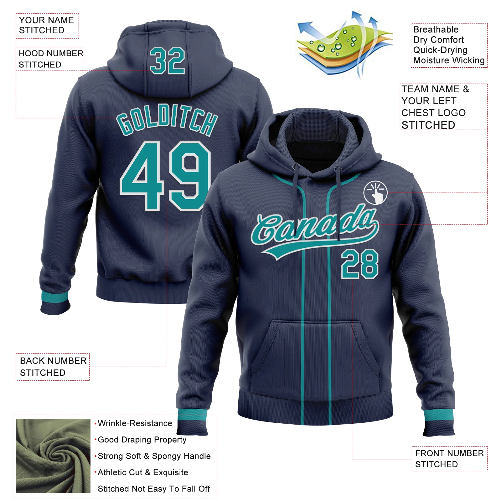 Custom Stitched Navy Teal-White Baseball Pullover Sweatshirt Hoodie - Image 2