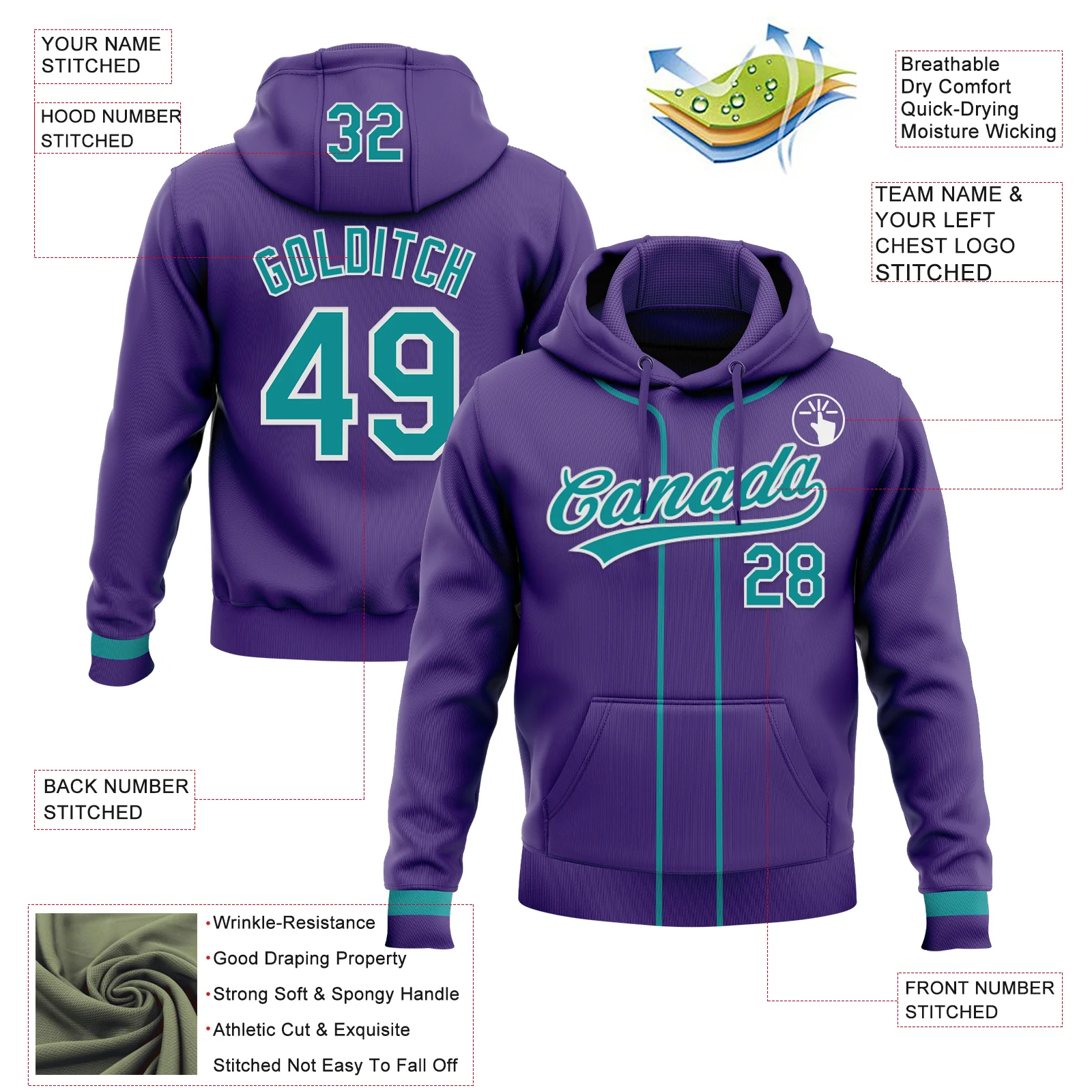 Custom Stitched Purple Teal-White Baseball Pullover Sweatshirt Hoodie - Image 2