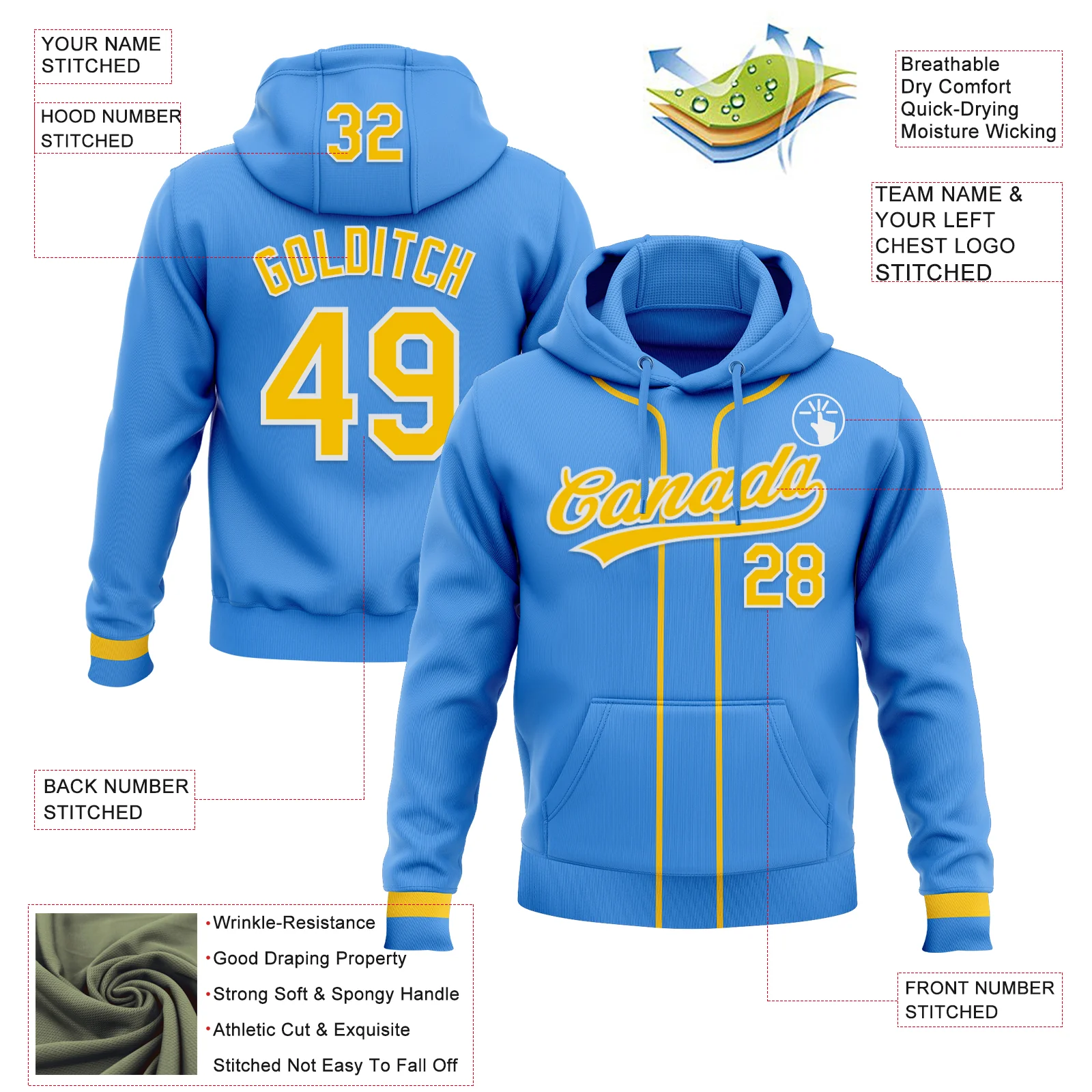 Custom Stitched Powder Blue Yellow-White Baseball Pullover Sweatshirt Hoodie - Image 2