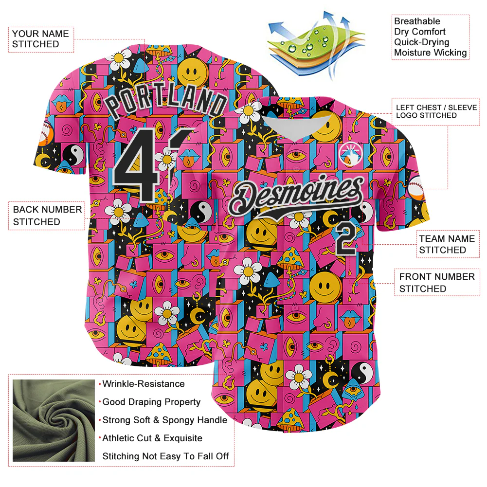 Custom Hot Pink Black-White 3D Pattern Design Rave Psychedelic Geometry Authentic Baseball Jersey - Image 3