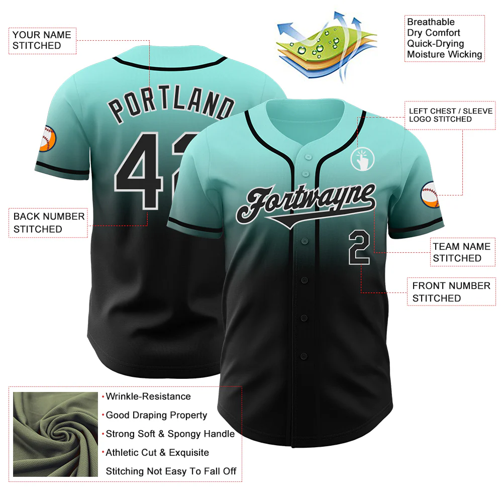 Custom Ice Blue Black-White Authentic Fade Fashion Baseball Jersey - Image 3
