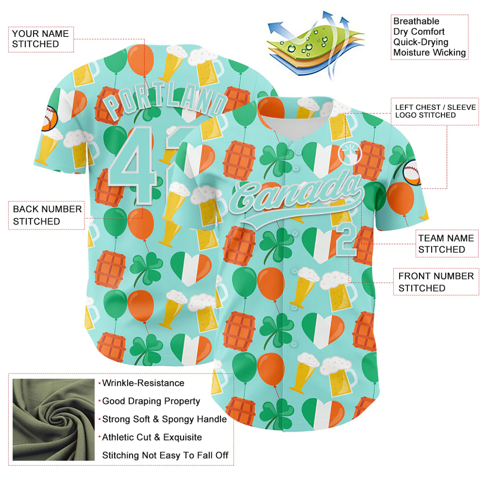 Custom Ice Blue White-Green 3D St. Patrick's Day Shamrock Beer Authentic Baseball Jersey - Image 3