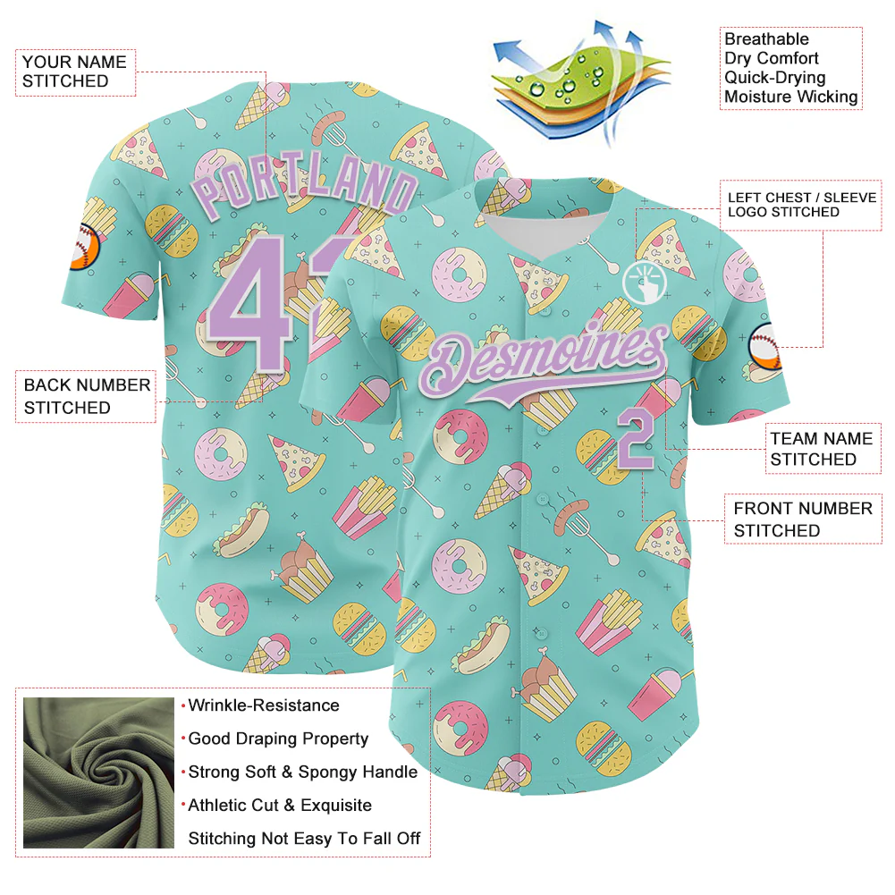 Custom Ice Blue Light Purple-White 3D Pattern Design Foodie Fast Food Burger Fries Pizza Authentic Baseball Jersey - Image 3