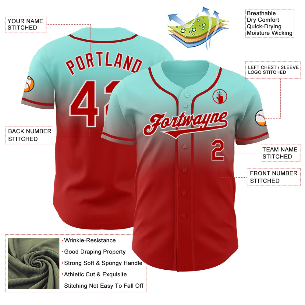 Custom Ice Blue Red-White Authentic Fade Fashion Baseball Jersey - Image 3