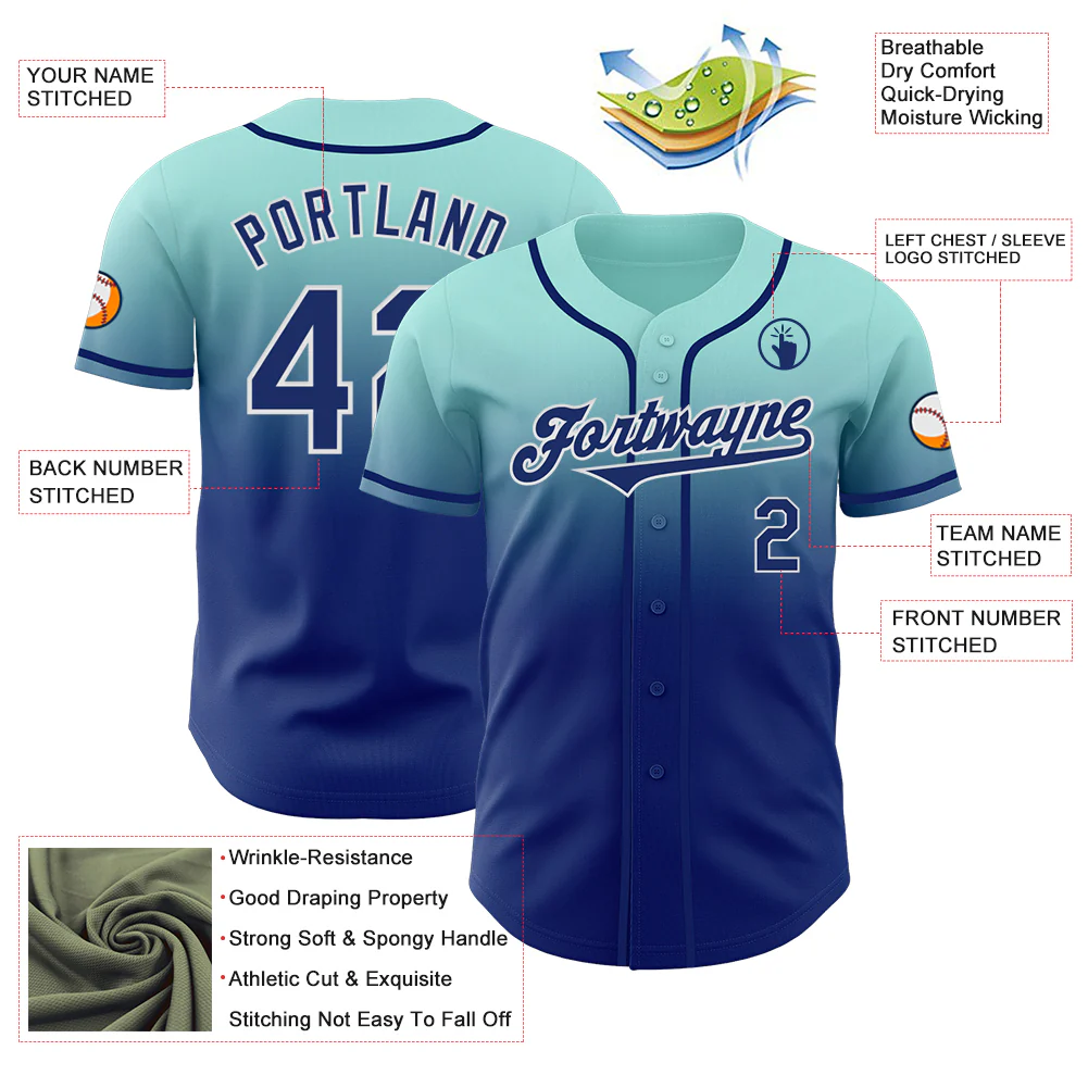 Custom Ice Blue Royal-White Authentic Fade Fashion Baseball Jersey - Image 3