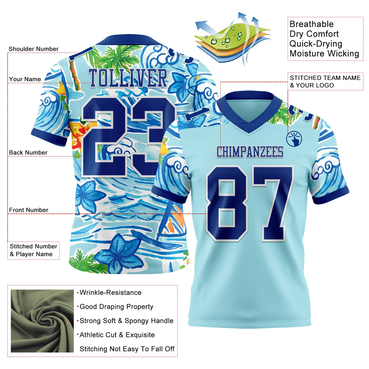 Custom Ice Blue Royal-White 3D Pattern Beach Hawaii Palm Trees And Flowers Authentic Football Jersey - Image 3