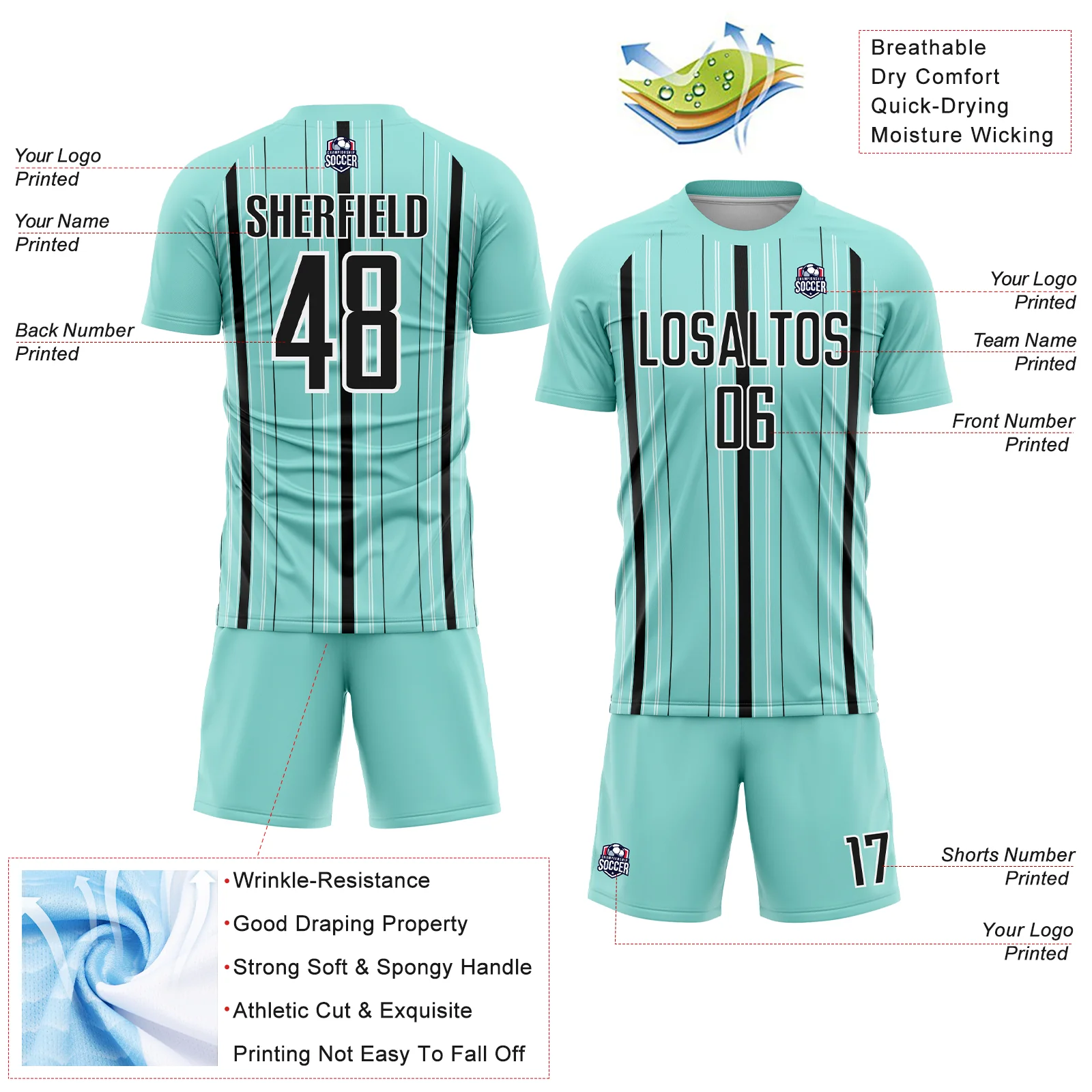 Custom Ice Blue Black-White Stripe Sublimation Soccer Uniform Jersey - Image 4