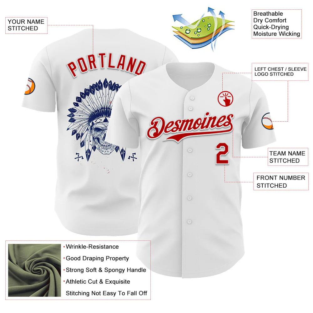 Custom White Red 3D Native American Skull Authentic Baseball Jersey - Image 3