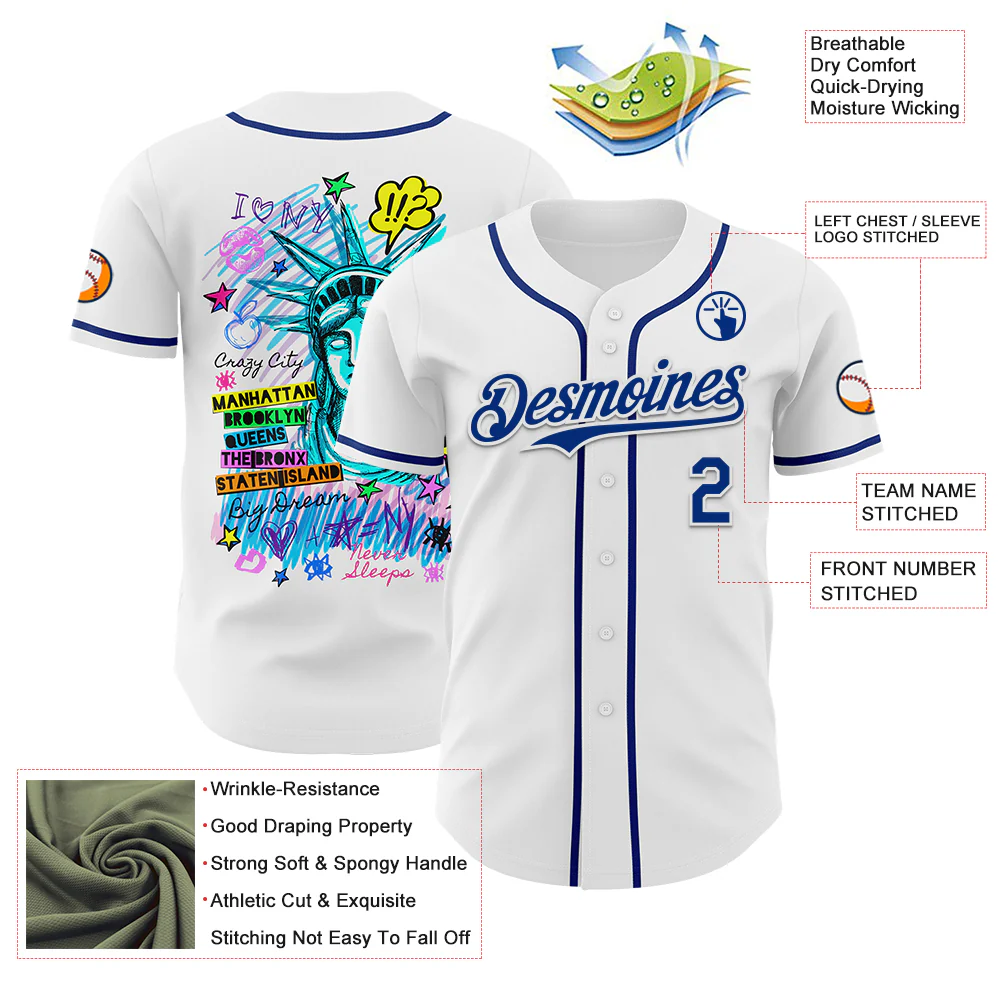 Custom White Royal 3D Pattern Design Patriotic American Symbol Statue of Liberty Authentic Baseball Jersey - Image 3