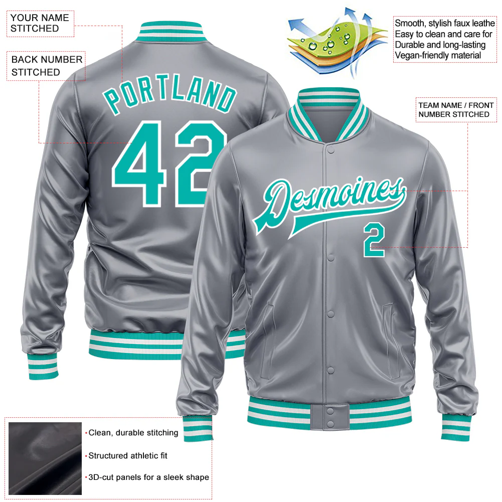 Custom Gray Aqua-White Bomber Full-Snap Varsity Faux Leather Letterman Jacket - Image 2