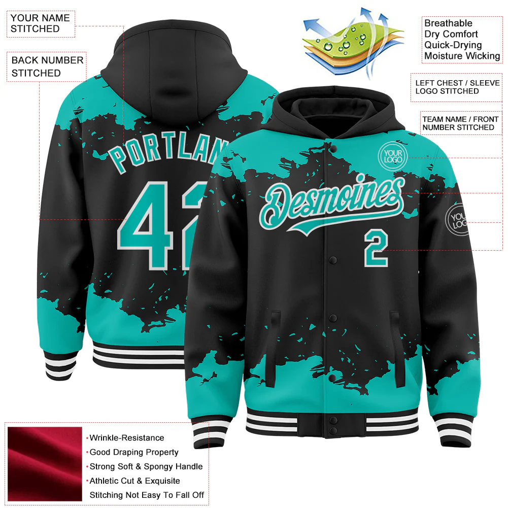 Custom Black Aqua-White Splash Art 3D Pattern Design Bomber Full-Snap Varsity Letterman Hoodie Jacket - Image 4