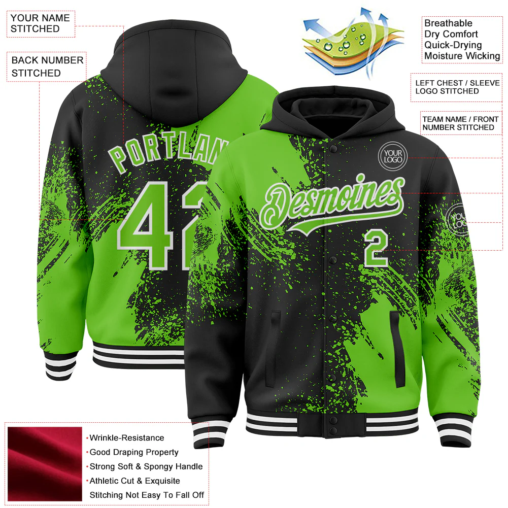 Custom Black Aurora Green-White Abstract Brush Stroke 3D Pattern Design Bomber Full-Snap Varsity Letterman Hoodie Jacket - Image 4