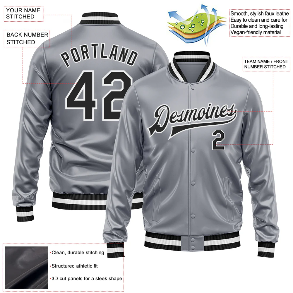 Custom Gray Black-White Bomber Full-Snap Varsity Faux Leather Letterman Jacket - Image 2