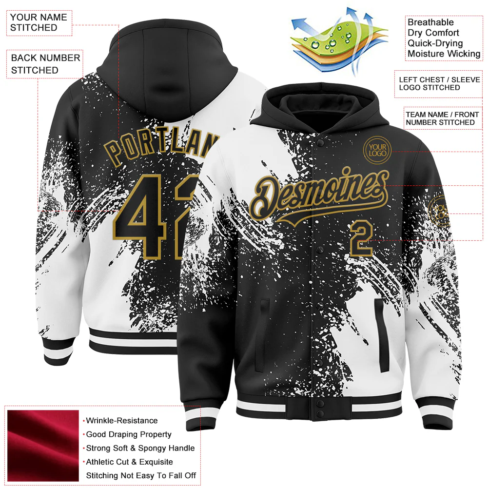 Custom Black White-Old Gold Abstract Brush Stroke 3D Pattern Design Bomber Full-Snap Varsity Letterman Hoodie Jacket - Image 4