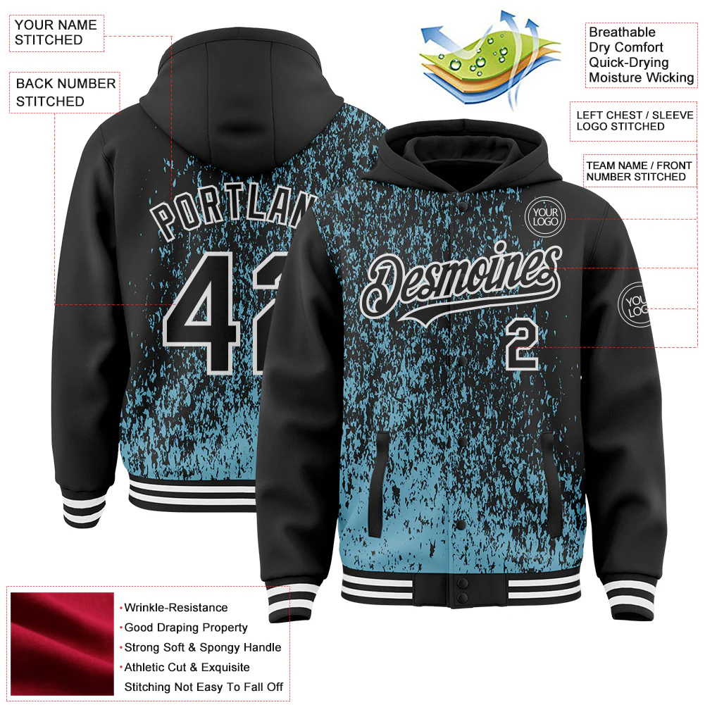 Custom Shadow Blue Black-White Abstract Fragment Art 3D Pattern Design Bomber Full-Snap Varsity Letterman Hoodie Jacket - Image 4