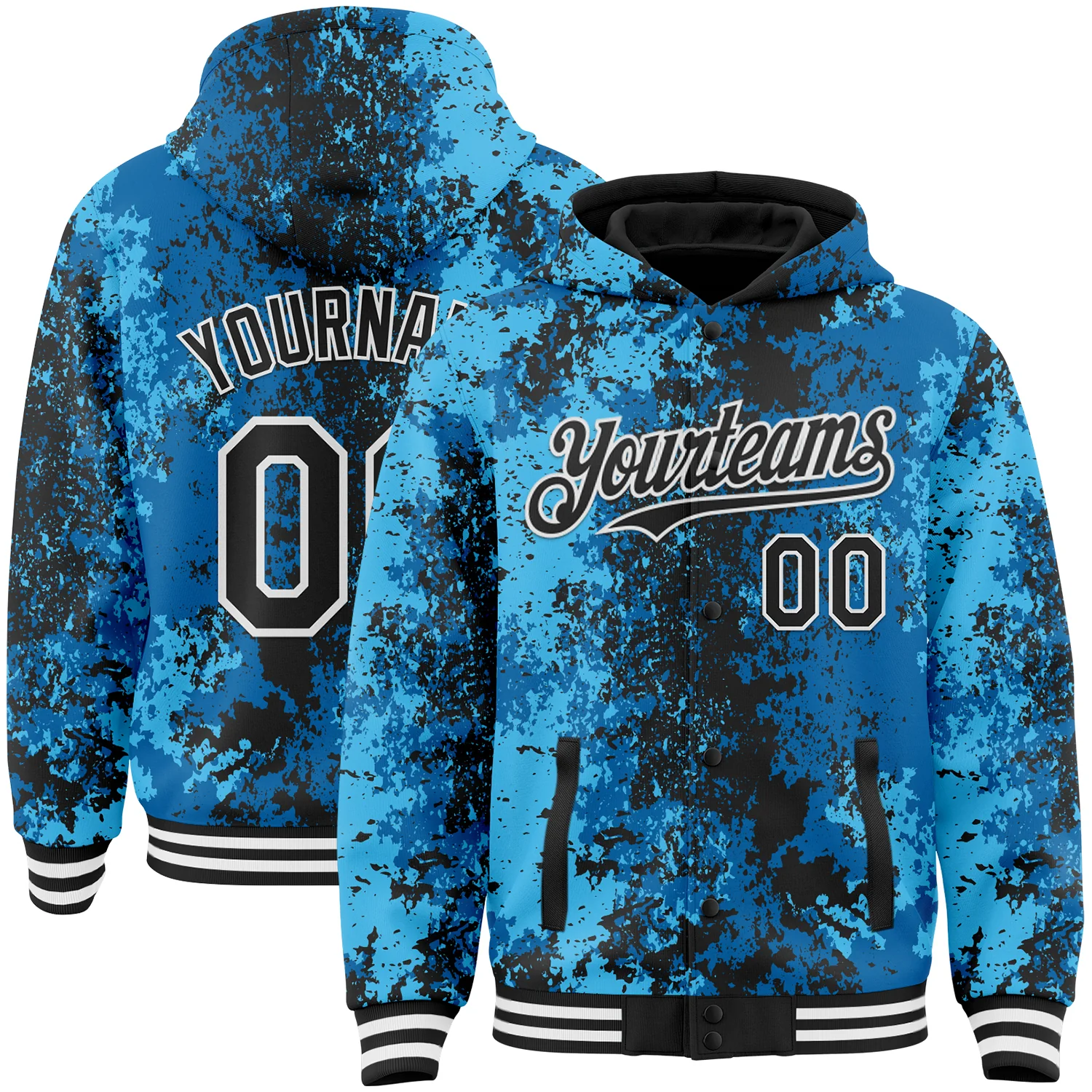 Custom Blue Black-White 3D Pattern Design Bomber Full-Snap Varsity Letterman Hoodie Jacket