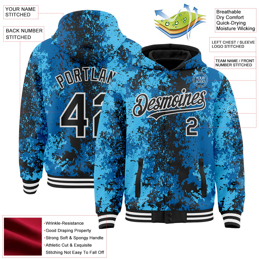 Custom Blue Black-White 3D Pattern Design Bomber Full-Snap Varsity Letterman Hoodie Jacket - Image 4