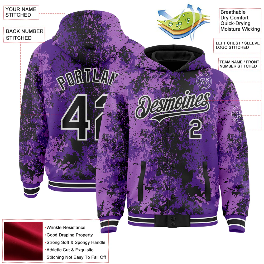 Custom Purple Black-White 3D Pattern Design Bomber Full-Snap Varsity Letterman Hoodie Jacket - Image 4