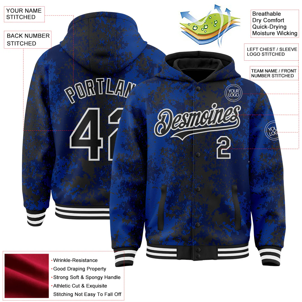 Custom Royal Black-White 3D Pattern Design Bomber Full-Snap Varsity Letterman Hoodie Jacket - Image 4