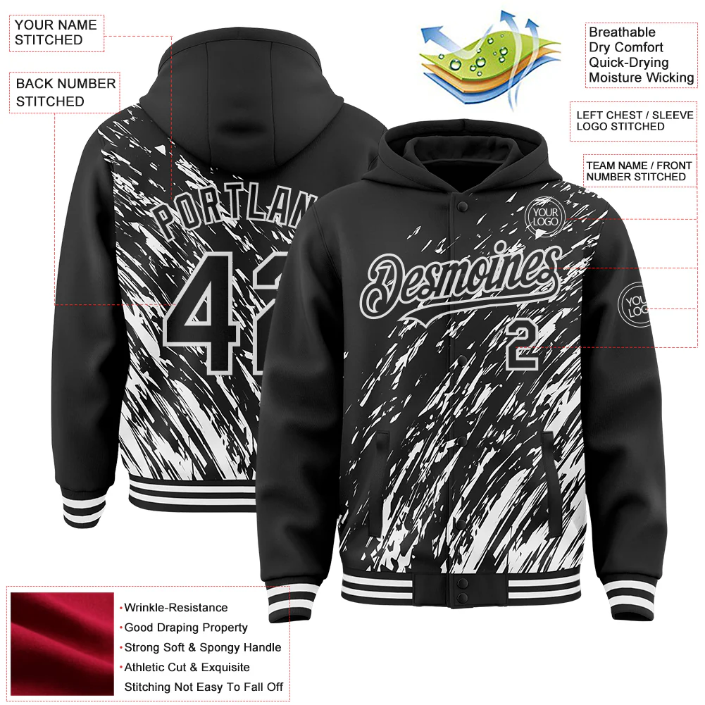 Custom Black Black-White 3D Pattern Design Bomber Full-Snap Varsity Letterman Hoodie Jacket - Image 4