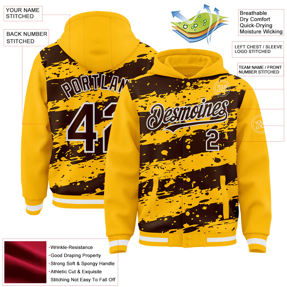 Custom Gold Brown-White Splash 3D Pattern Design Bomber Full-Snap Varsity Letterman Hoodie Jacket - Image 4