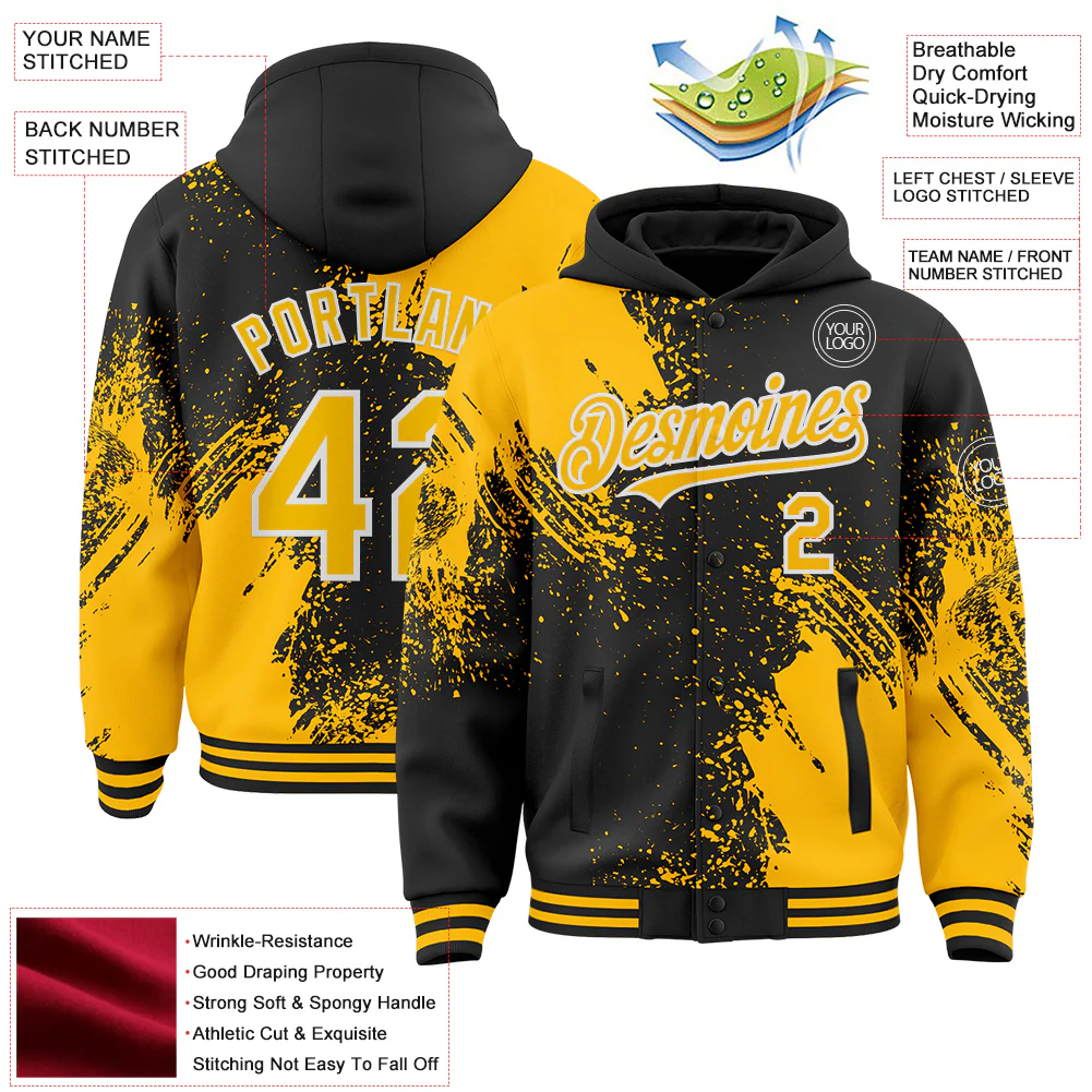 Custom Black Gold-White Abstract Brush Stroke 3D Pattern Design Bomber Full-Snap Varsity Letterman Hoodie Jacket - Image 4
