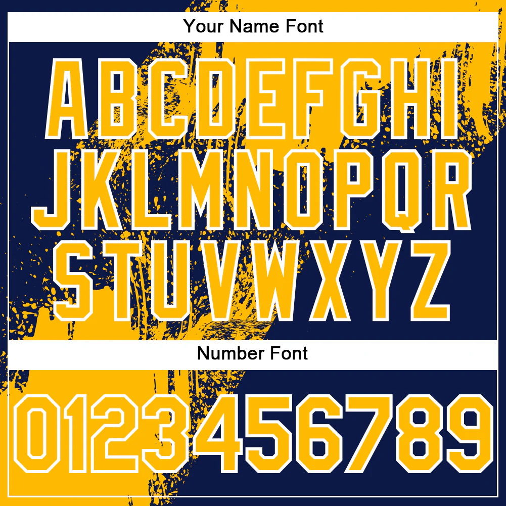 Custom Navy Gold-White Abstract Brush Stroke 3D Pattern Design Bomber Full-Snap Varsity Letterman Hoodie Jacket - Image 6