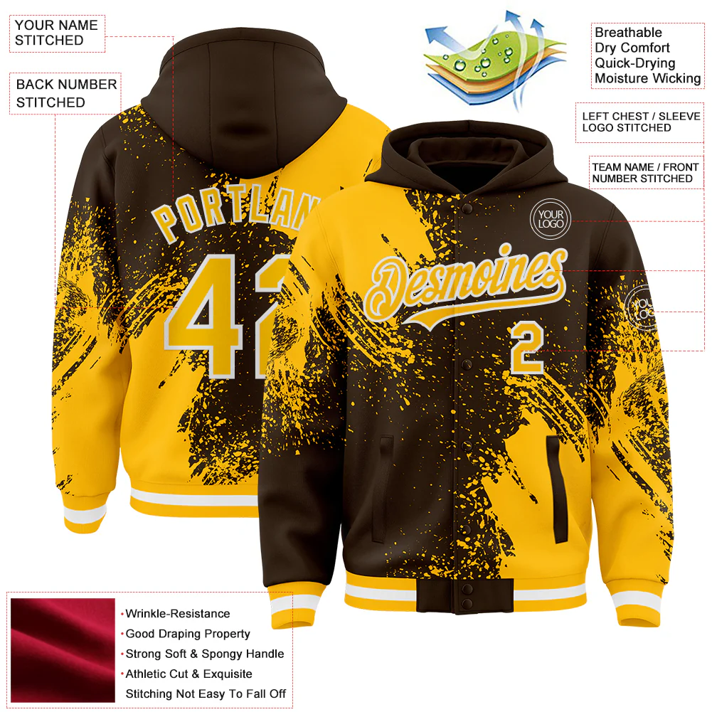 Custom Brown Gold-White Abstract Brush Stroke 3D Pattern Design Bomber Full-Snap Varsity Letterman Hoodie Jacket - Image 4